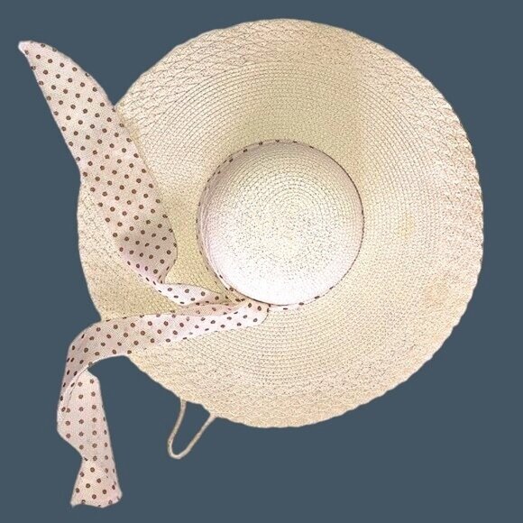 Paper Straw Hat Floppy Wide Brim Color Beige W/ Beautiful Polka Dotted Ribbon - Picture 2 of 6